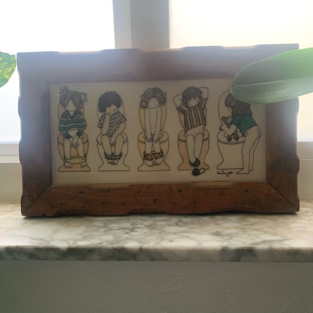 Vintage Funny Bathroom Kids On Toilet Art Print Wood Frame Bathroom Humor